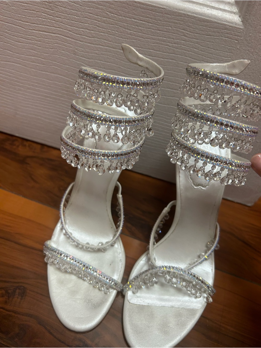 Rene Caovilla White Crystal Fringe High-Heel Sandals